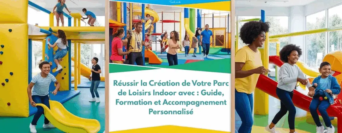 Des enfants s'amusant dans un parc de jeux coloré, illustrant le guide complet pour réussir la création et l'ouverture de votre parc de loisirs indoor.
