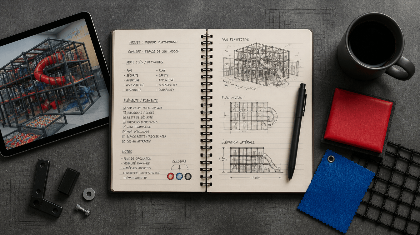 Un bureau de travail d'expert vu de dessus avec un carnet de notes contenant des croquis de structures de jeux indoor, une tasse de café et des échantillons de matériaux (mousses, filets).
