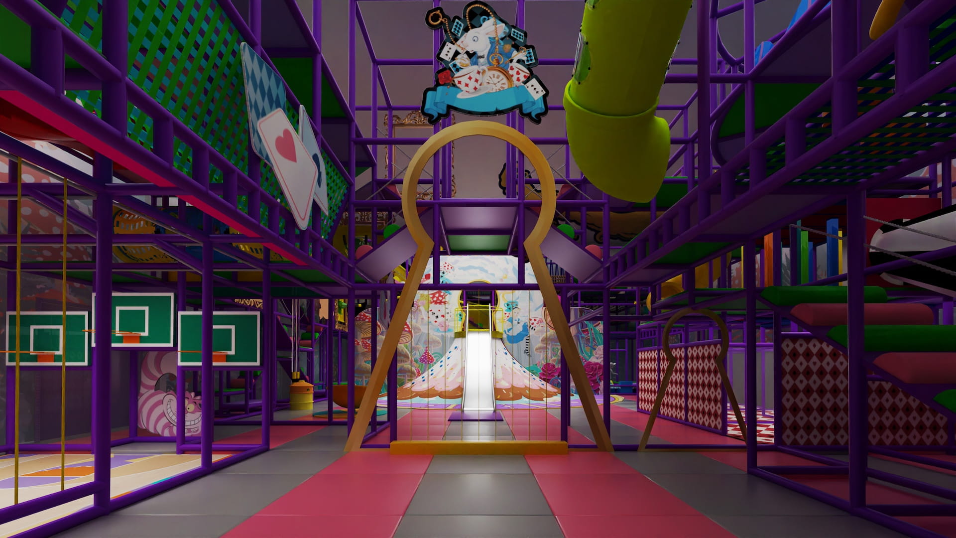 Image d'illustration réalisée par Play In Business, fabricant d'aire de jeux intérieures. Cette photo représente une aire de jeux composée de différentes cellules. L'image est très colorée, majoritairement de vert et de rose. Chaque cellule, que l'on retrouve à gauche et à droite de l'image peuvent accueillir des jeux pour enfants.